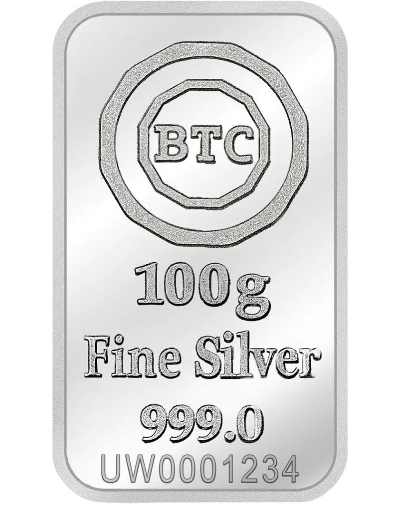 بي تي سي سبيكة فضة بي تي سي وزنها 100 غرام، نقاء 999.0- التحقق من رمز الاستجابة السريعة باستخدام الرقم التسلسلي - - مع فاتورة - Image 1